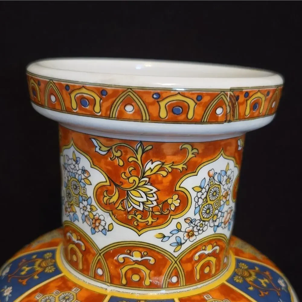 Vintage Ardalt Italy Chineserie Porcelain Vase Foo Dog Palm Tree Orange Blue 12